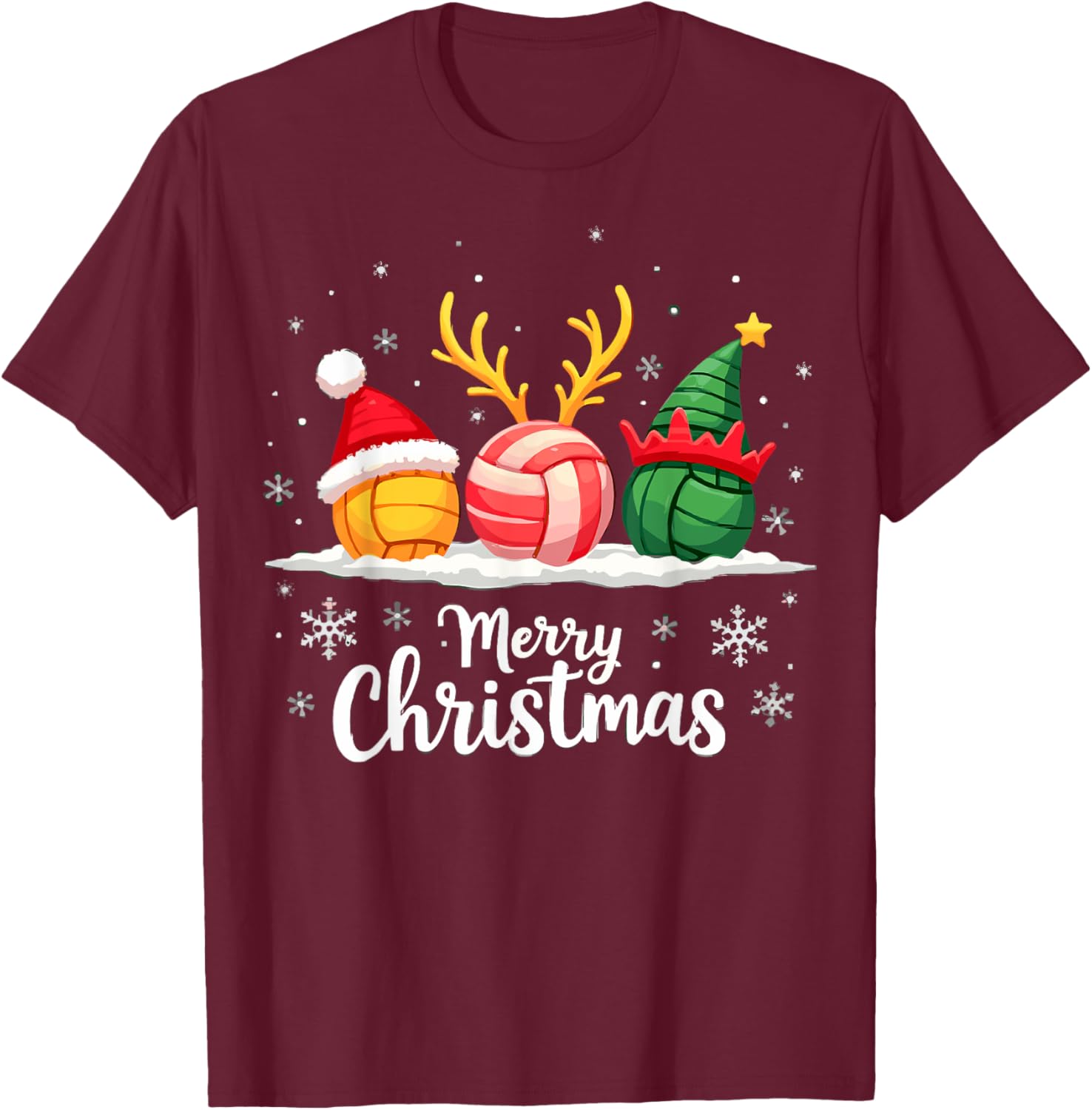 Volleyball Reindeer Santa Elf Merry Christmas Xmas Party T-Shirt - T-Shirt | Maroon