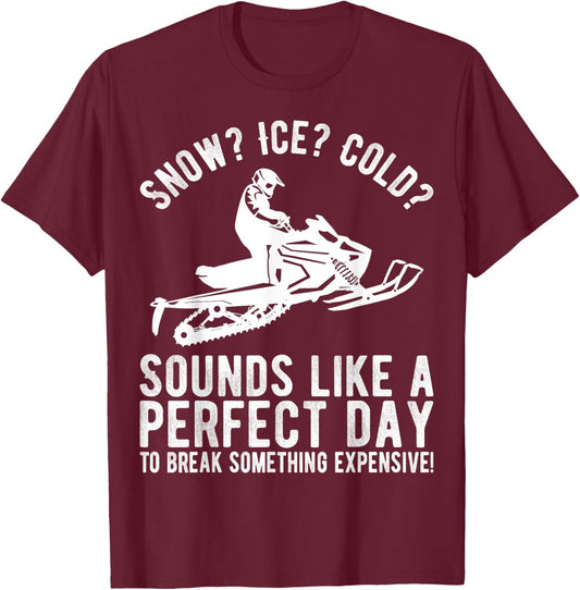 Perfect Day Break Something Expensive Funny Snowmobile T-Shirt - T-Shirt | Maroon