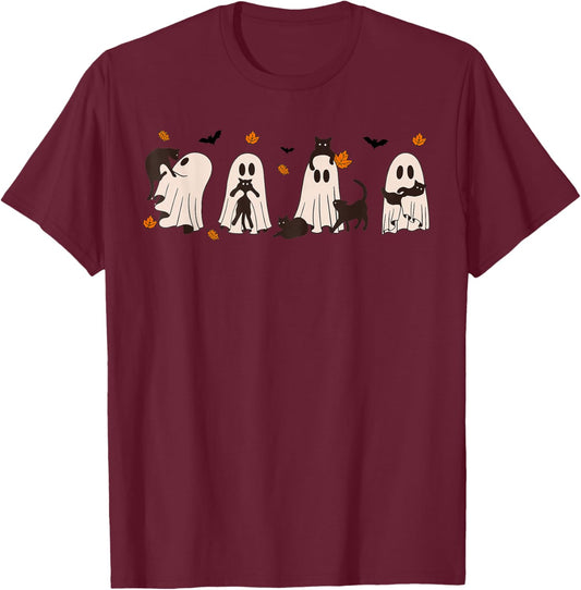 Black Cats in Cute Ghost Cat Halloween T-Shirt - T-Shirt | Maroon