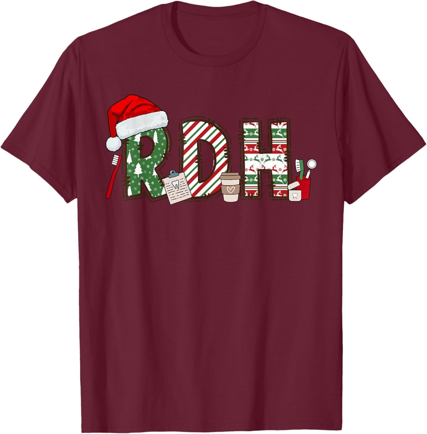 RDH Christmas Dental Hygienist Dentist Assistant RDH Dental T-Shirt - T-Shirt | Maroon