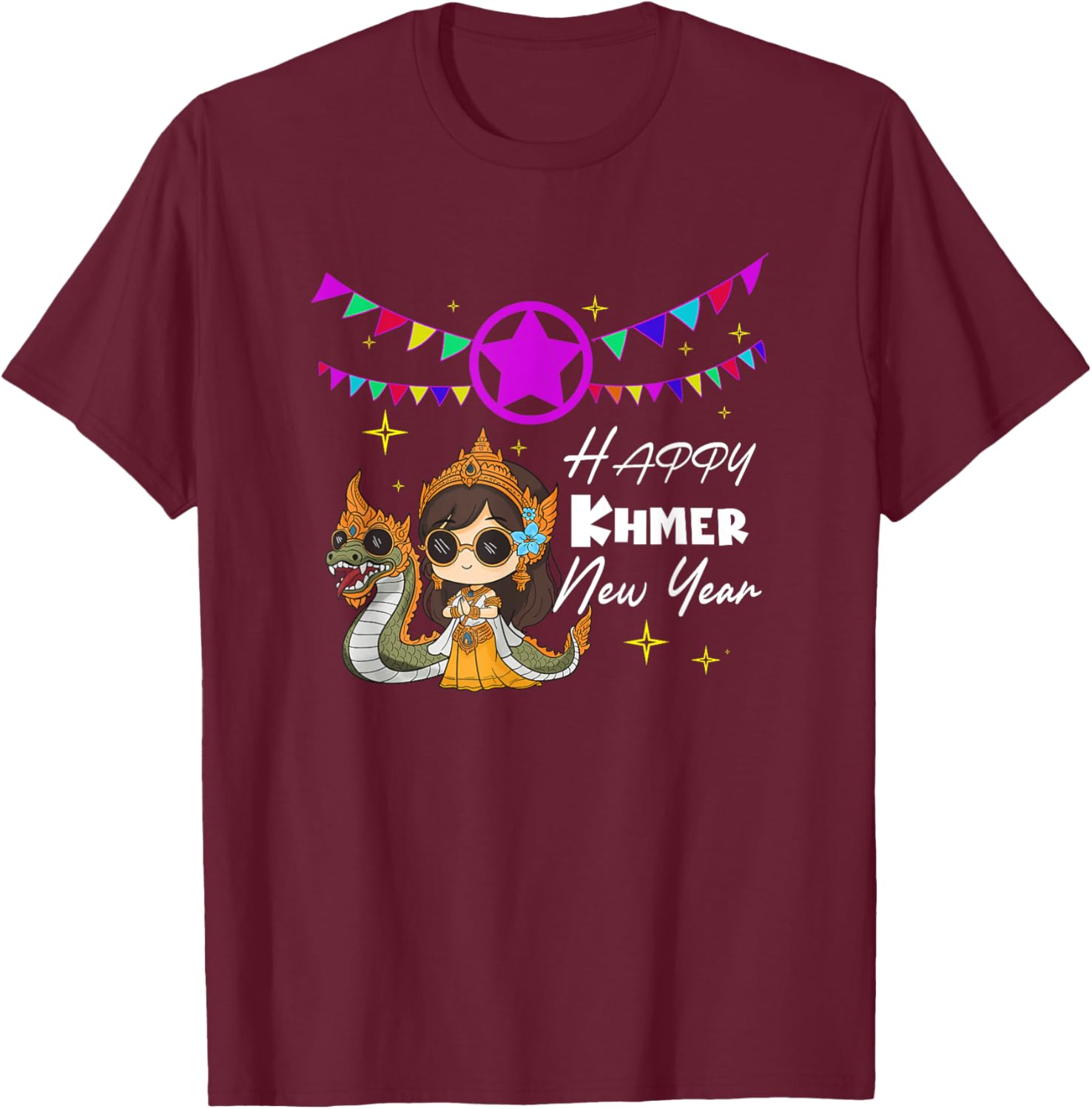 Cambodia Cambodian Girl Happy Khmer New Year Sea Dragon T-Shirt - T-Shirt | Maroon