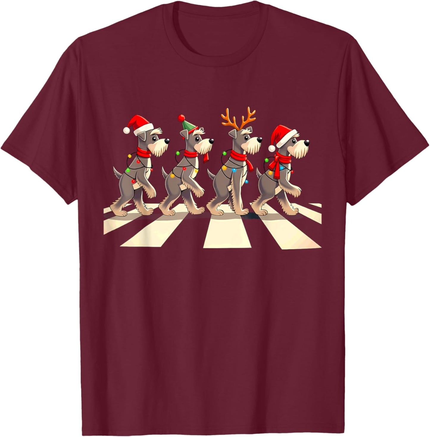 Miniature Schnauzer Dog Crossing Road Xmas T-Shirt - T-Shirt | Maroon