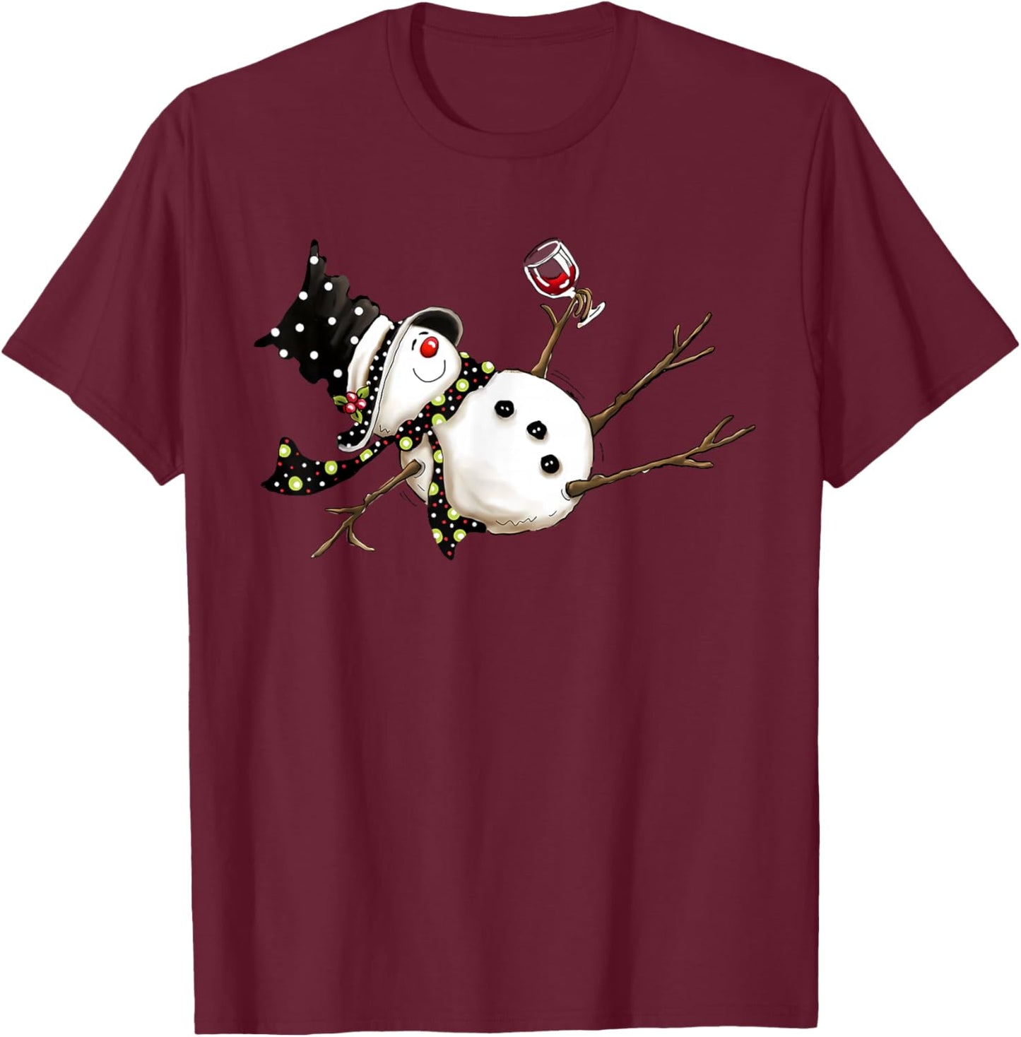 Funny Drunk Snowman Drinking Wine Glass Merry Christmas T-Shirt - T-Shirt | Maroon
