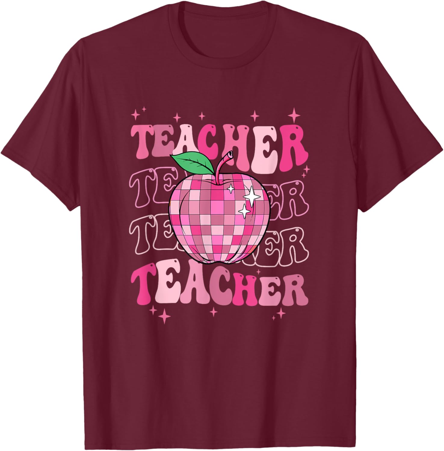 Retro Pink Disco Ball Apple Teacher Colorful Back To School T-Shirt - T-Shirt | Maroon