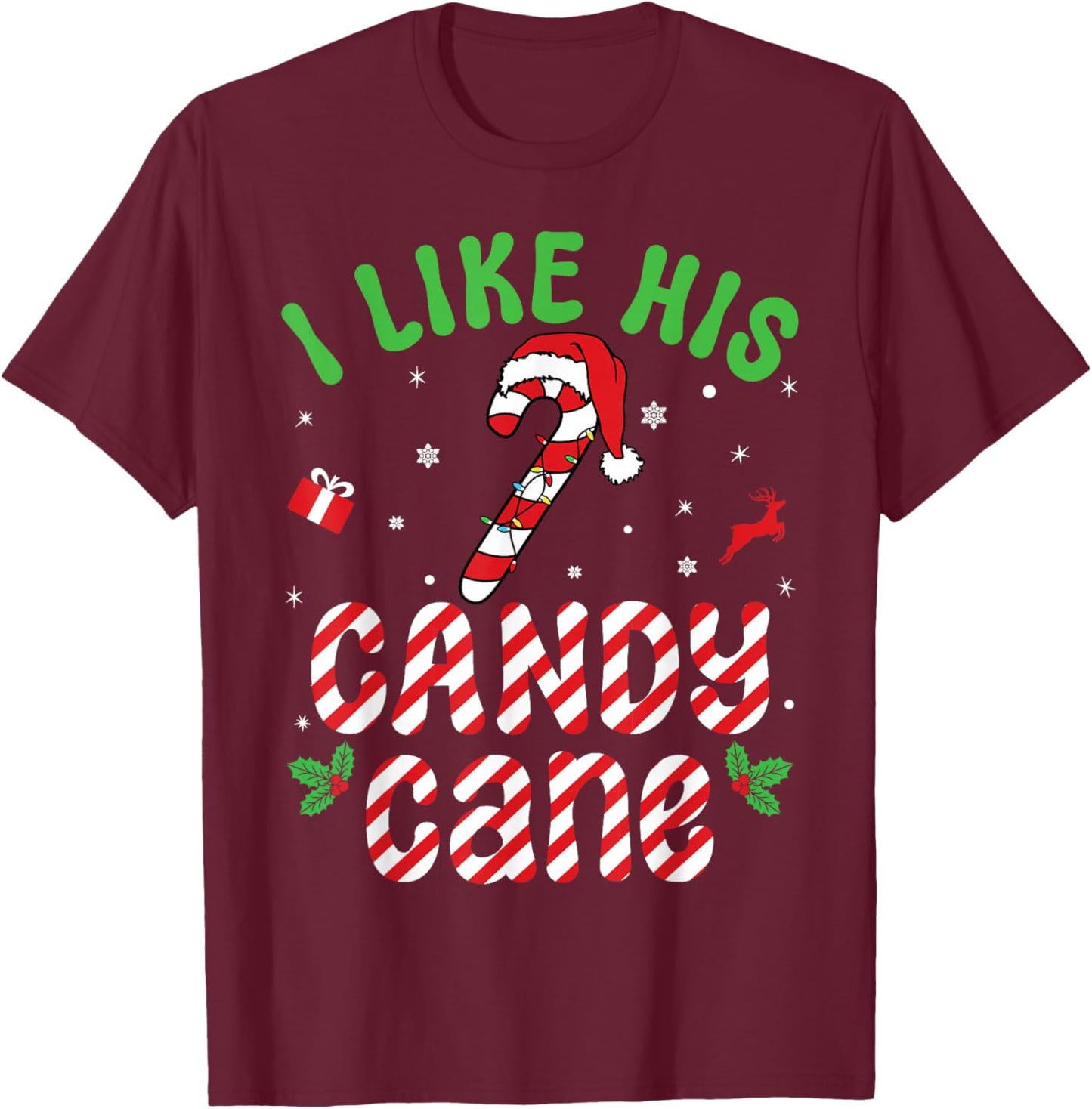 I Like His Candy Cane Family Matching Christmas Couple T-Shirt - T-Shirt | Maroon