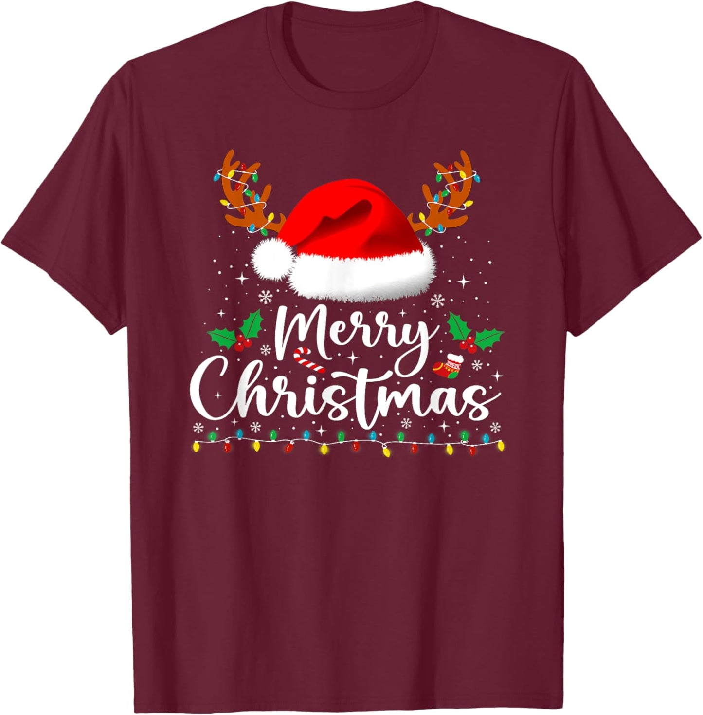 Merry Christmas Reindeer Funny Family Men Women Xmas Lights T-Shirt - T-Shirt | Maroon