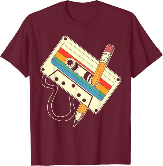 80s 90s Retro Music Mixtape Cassette Tape Pencil Nostalgia T-Shirt - T-Shirt | Maroon