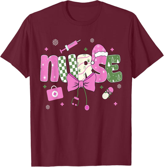Nurse Christmas Santa Hat Stethoscope Nurses Xmas Pajamas T-Shirt - T-Shirt | Maroon