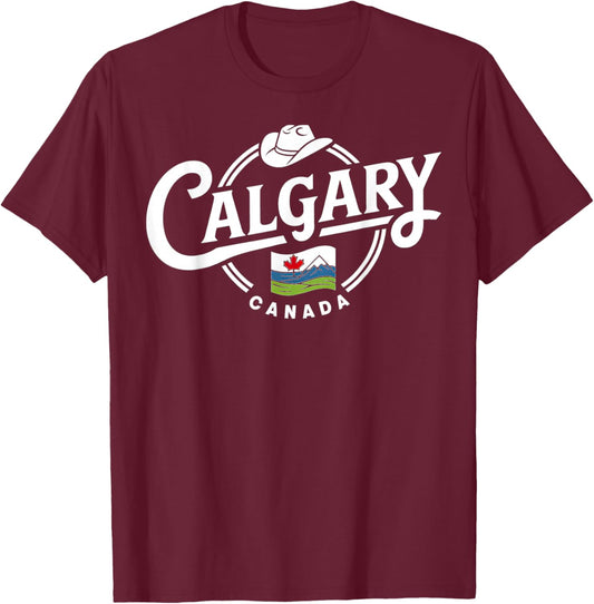 Calgary Canada City Cowboy Hat Scenic Logo T-Shirt - T-Shirt | Maroon