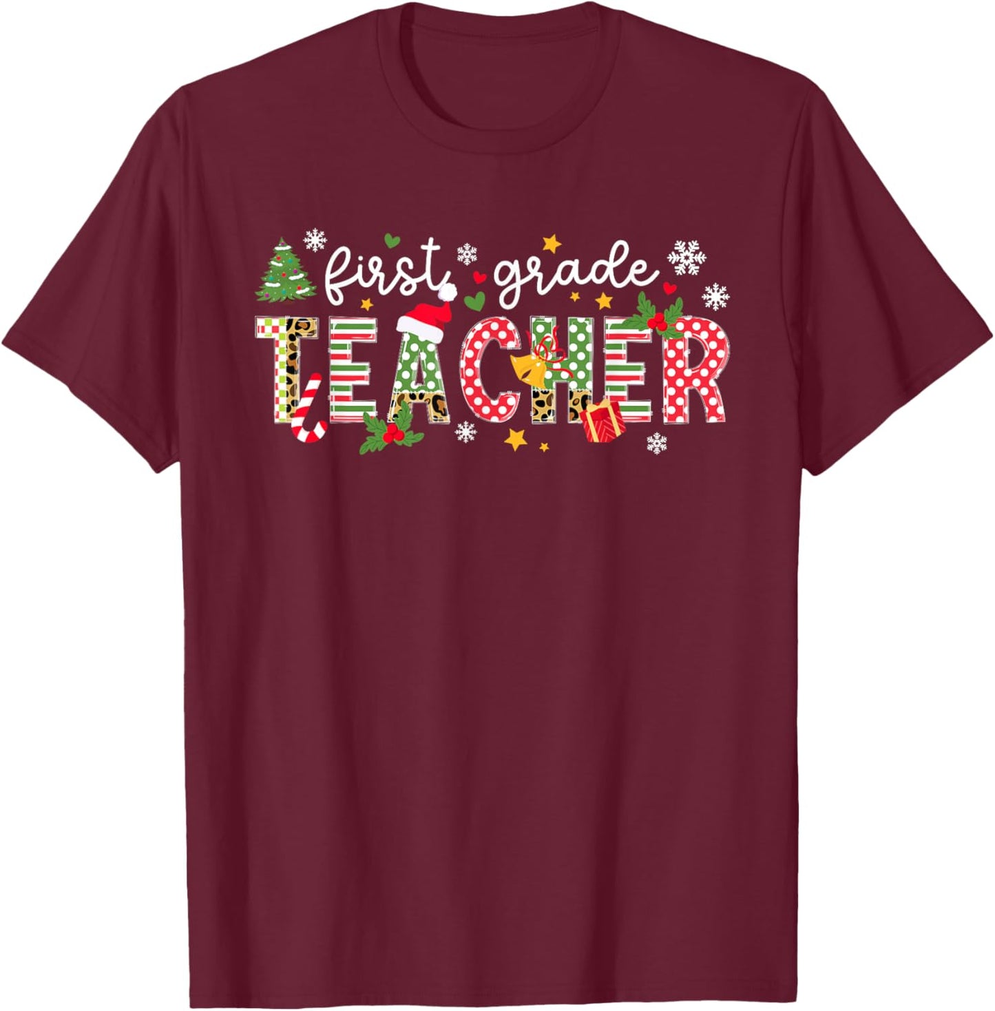 Christmas 1st Grade Teacher Xmas Party - Black, Small, -Adults, Short Sleeve T-Shirt - T-Shirt | Maroon