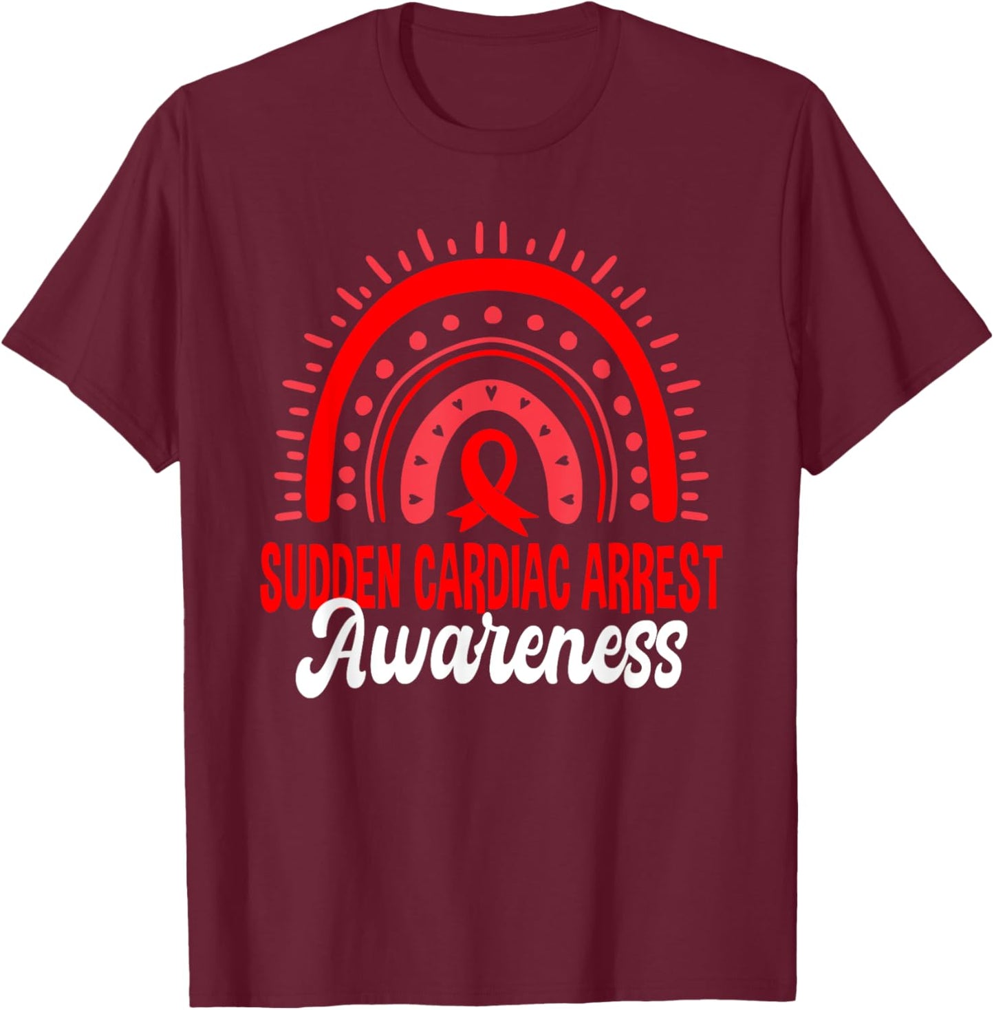 Sudden Cardiac Arrest Awareness Boho Rainbow Red Ribbon T-Shirt - T-Shirt | Maroon
