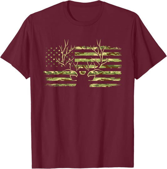 Deer Camo USA Flag Buck Elk Hunting American Hunt Lover T-Shirt - T-Shirt | Maroon