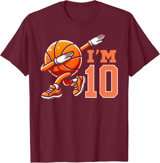 I'm 10 Years Old Basketball Birthday 10th Bday Celebration T-Shirt - T-Shirt | Maroon