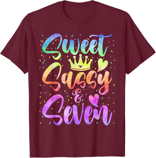 Sweet Sassy and Seven Girls Birthday Tie Dye 7 Year Old Kids T-Shirt - T-Shirt | Maroon