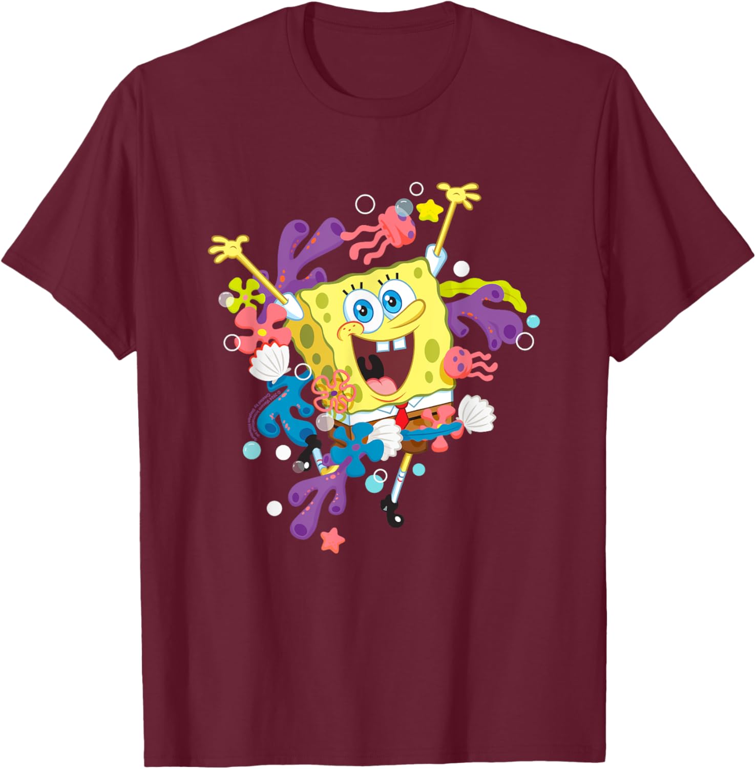 SpongeBob SquarePants Corals Flowers & Jellyfish Portrait T-Shirt - T-Shirt | Maroon