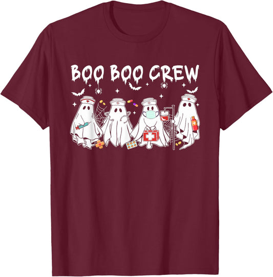 Boo Boo Crew Cute Ghost Nurses Women Halloween Scrub Top T-Shirt - T-Shirt | Maroon