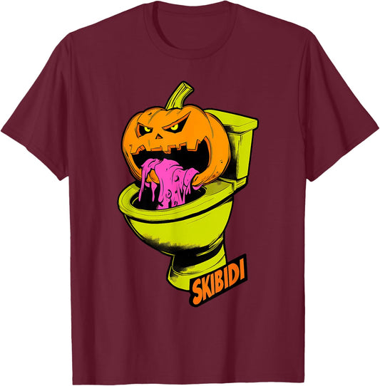 Skibidi Pumpkin Funny Halloween Toilet Kids Fun Crazy Slang T-Shirt - T-Shirt | Maroon