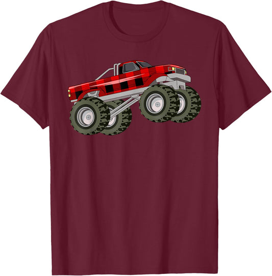 Buffalo Plaid Christmas Monster Truck Pajama Toddlers Youths T-Shirt - T-Shirt | Maroon