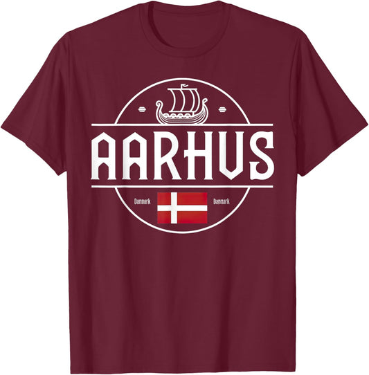 Aarhus Denmark Danmark City Viking Flag Pride T-Shirt - T-Shirt | Maroon