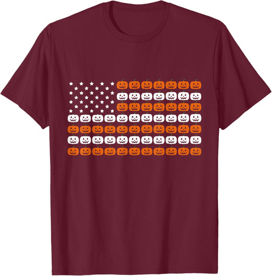 Patriotic Pumpkin American Flag USA Jack O Lantern Halloween T-Shirt - T-Shirt | Maroon