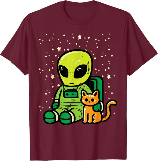 Alien Astronaut Cat Sitting Cute Ufo Girls Boys Kids Women T-Shirt - T-Shirt | Maroon