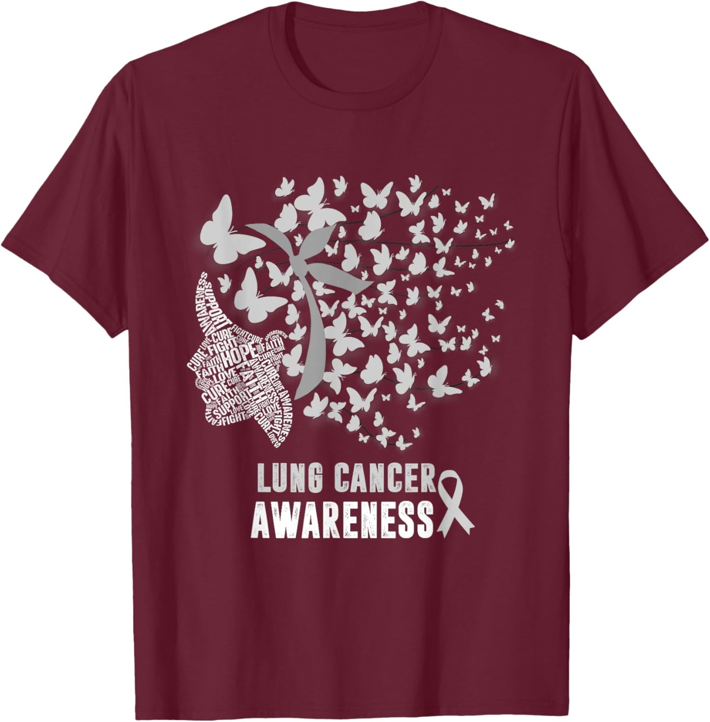 Lung Cancer Awareness Messy Butterfly White Ribbon T-Shirt - T-Shirt | Maroon