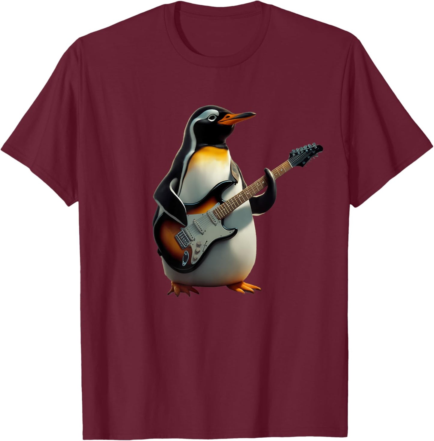 Funny Penguin Playing Electric Guitar Music Cute Penguin T-Shirt - T-Shirt | Maroon