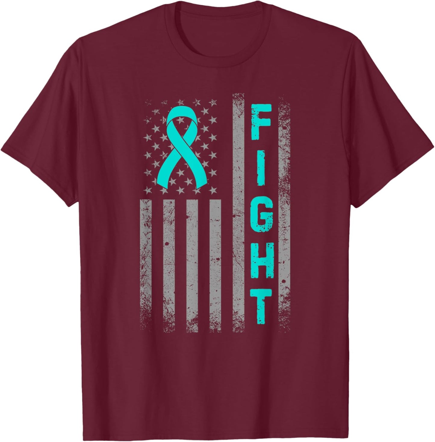 Fight Ovarian Cancer Awareness American US Flag Teal Ribbon T-Shirt - T-Shirt | Maroon