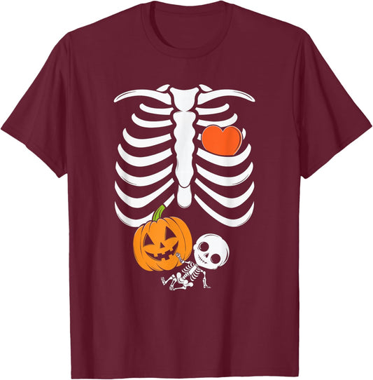 Pregnant Skeleton Mom Halloween Pregnancy Baby Announcement T-Shirt - T-Shirt | Maroon