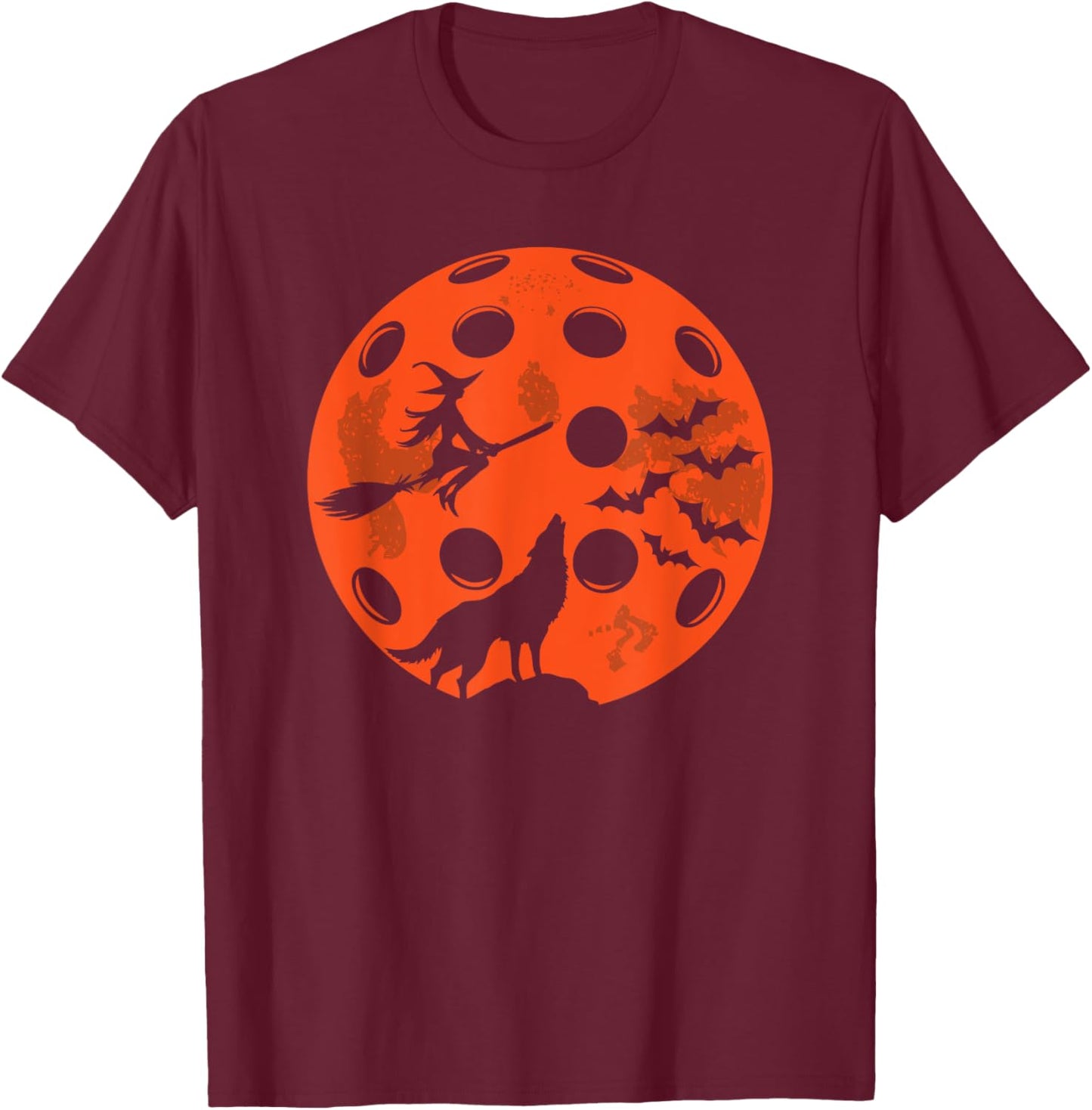 Halloween Pickleball Moon Spooky Graphic T-Shirt - T-Shirt | Maroon