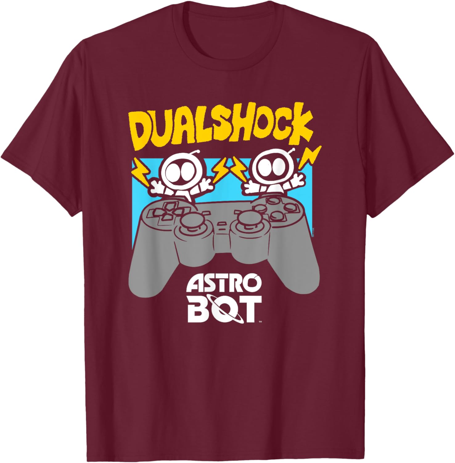 Astro Bot Rescue Mission Game Console Dual Video Game T-Shirt - T-Shirt | Maroon