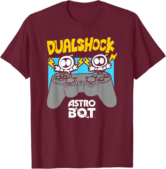 Astro Bot Rescue Mission Game Console Dual Video Game T-Shirt - T-Shirt | Maroon