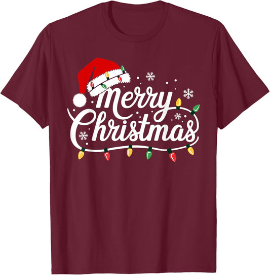 Merry Christmas Lights Red Santa Hat Xmas Family Men Women T-Shirt - T-Shirt | Maroon