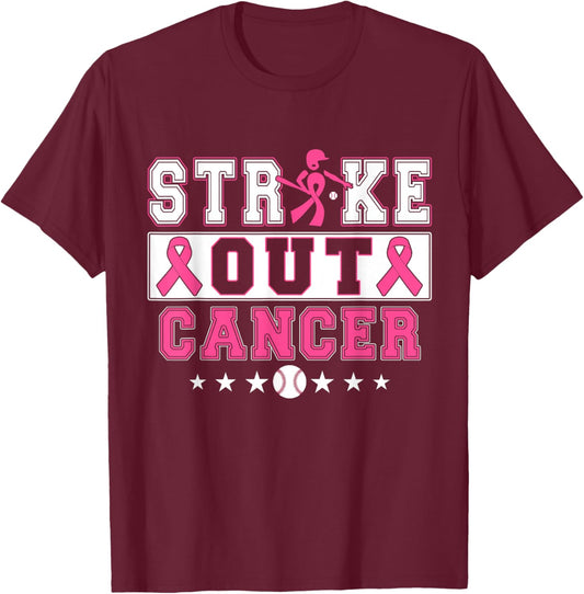Strike Out Breast Cancer Baseball Pink Ribbon Women Girls T-Shirt - T-Shirt | Maroon