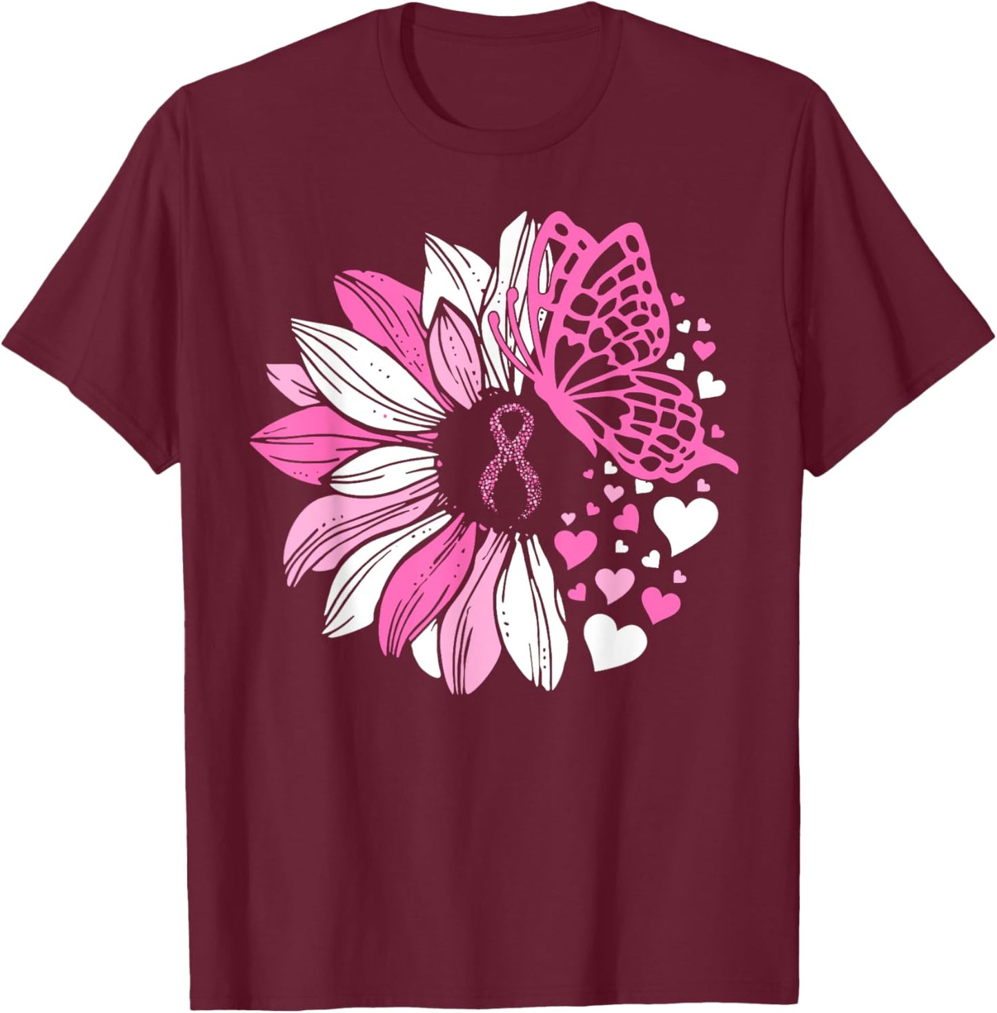 Sunflower Pink Breast Cancer Awareness Women Warrior T-Shirt - T-Shirt | Maroon