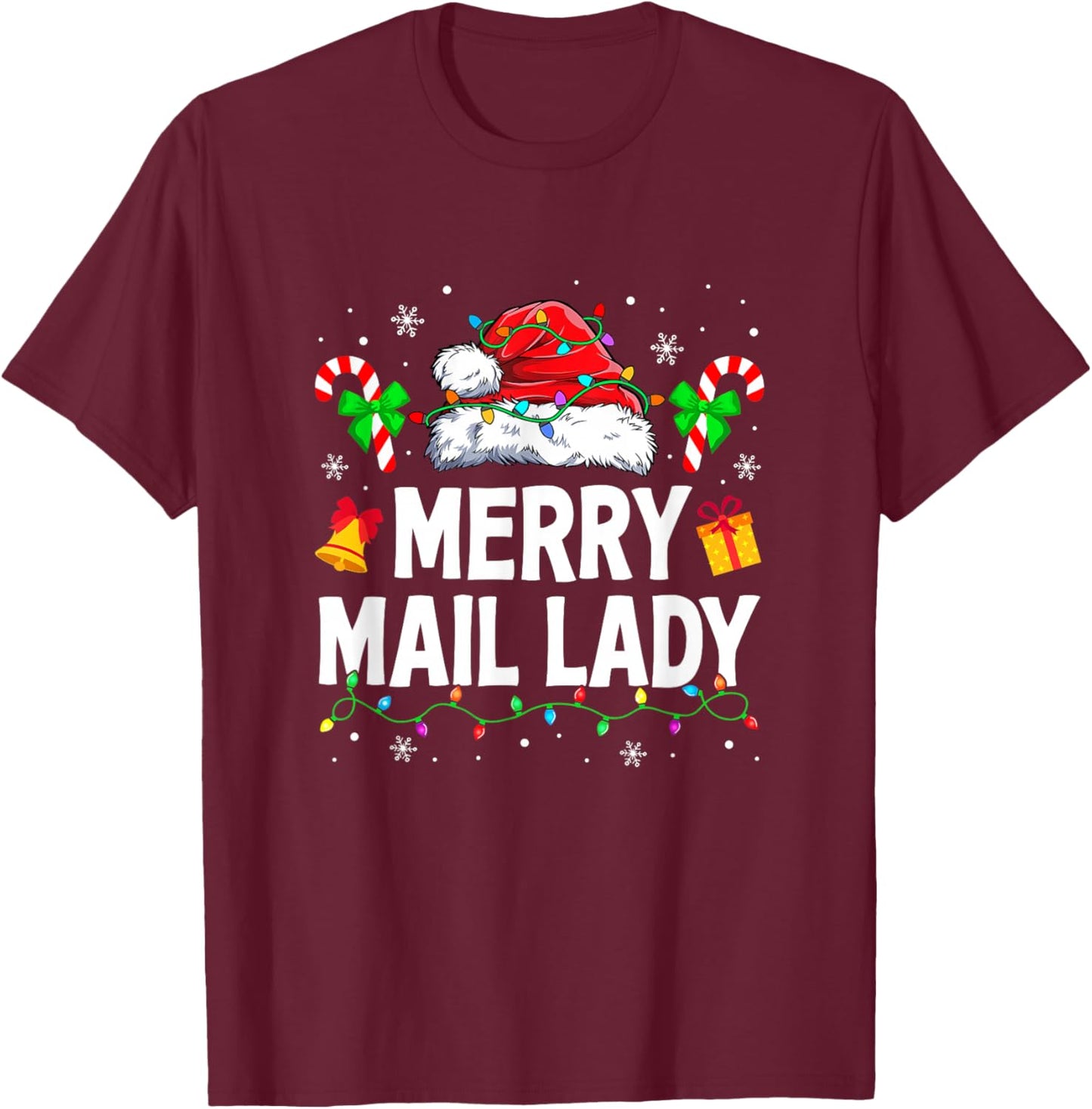 Merry Mail Lady Christmas Santa Postal Worker Mail Carrier T-Shirt - T-Shirt | Maroon