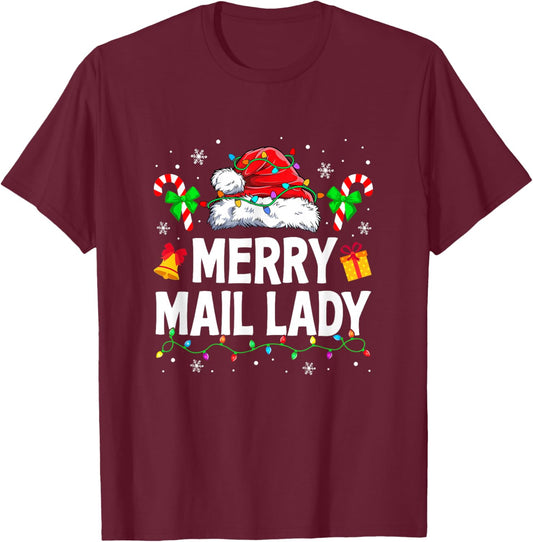 Merry Mail Lady Christmas Santa Postal Worker Mail Carrier T-Shirt - T-Shirt | Maroon