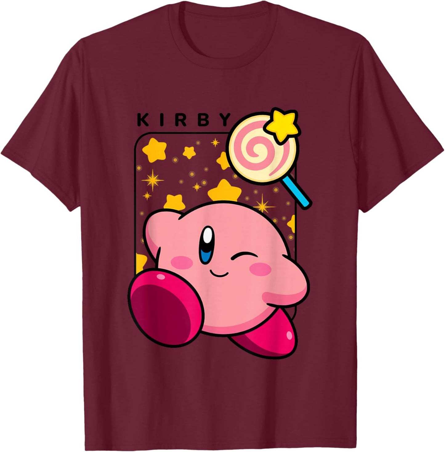 Kirby Lollipop & Stars Big Cute Nintendo Portrait T-Shirt - T-Shirt | Maroon