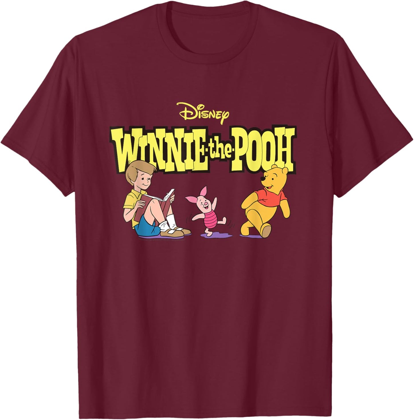 Disney Winnie the Pooh Piglet & Christopher Robin with Logo T-Shirt - T-Shirt | Maroon