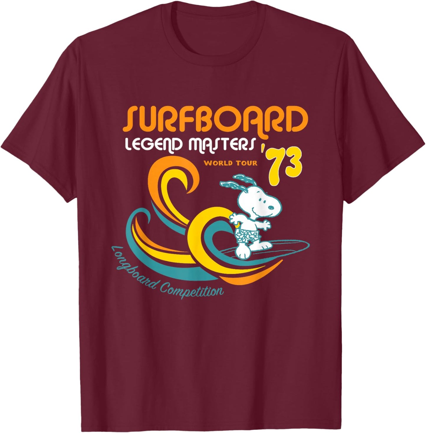 Peanuts Snoopy Surfboard World Tour 73 T-Shirt - T-Shirt | Maroon