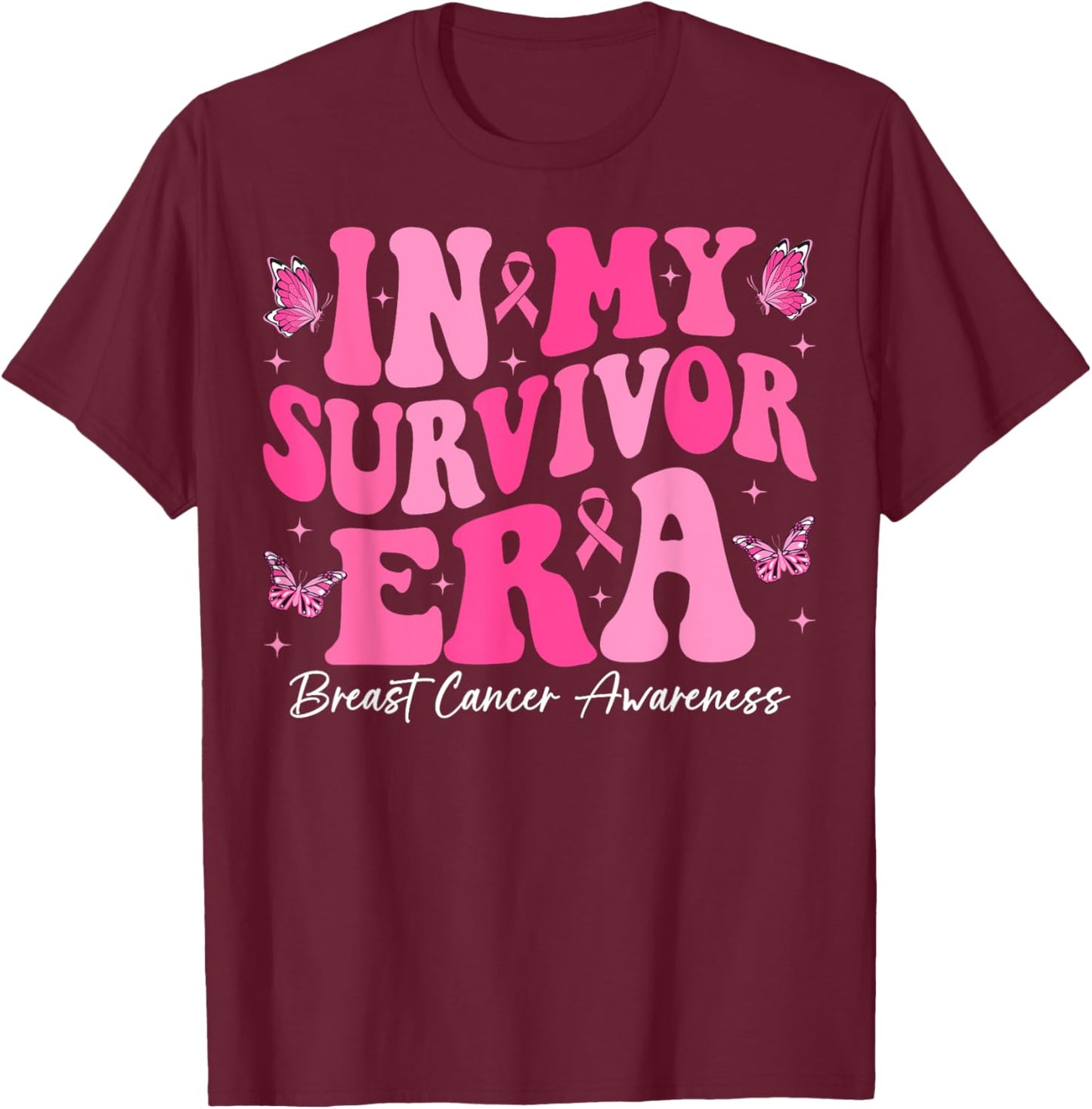 In My Survivor Era Retro Groovy Breast Cancer Awareness T-Shirt - T-Shirt | Maroon