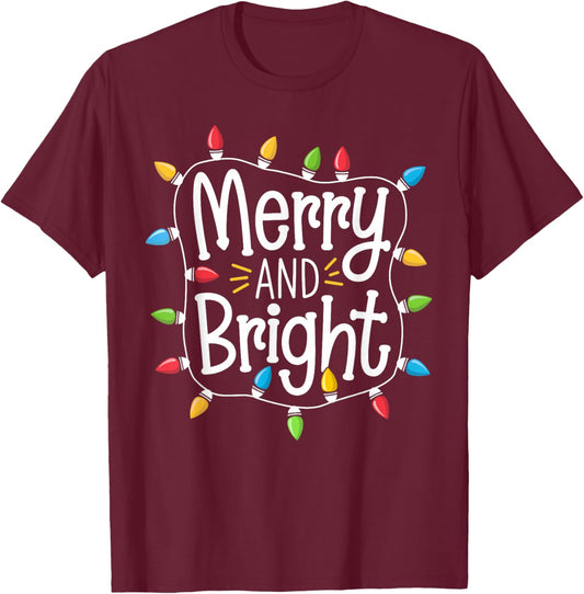 Merry And Bright Santa Christmas Xmas Lights Pajamas Holiday T-Shirt - T-Shirt | Maroon