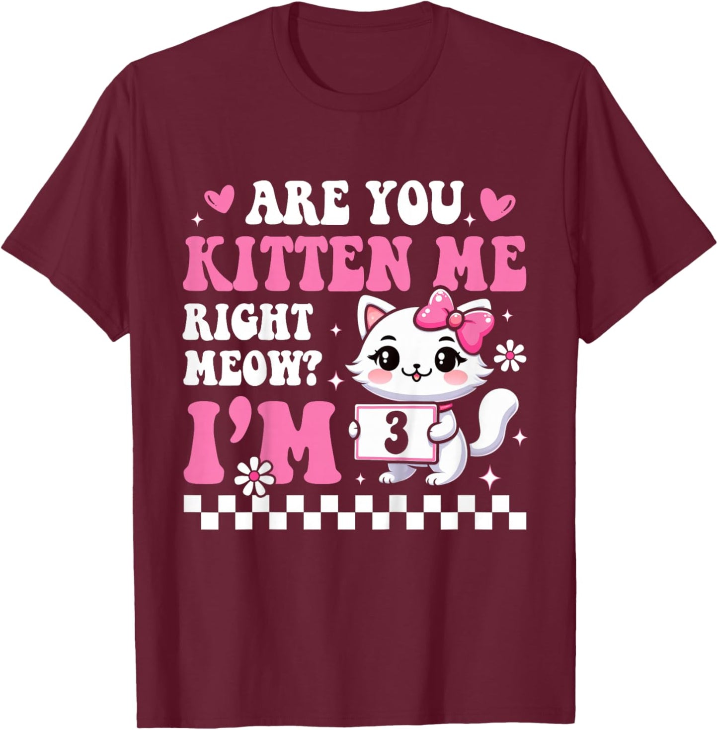 3rd Birthday Girl for Girl Three 3 Year Old Cat Lover Groovy T-Shirt - T-Shirt | Maroon