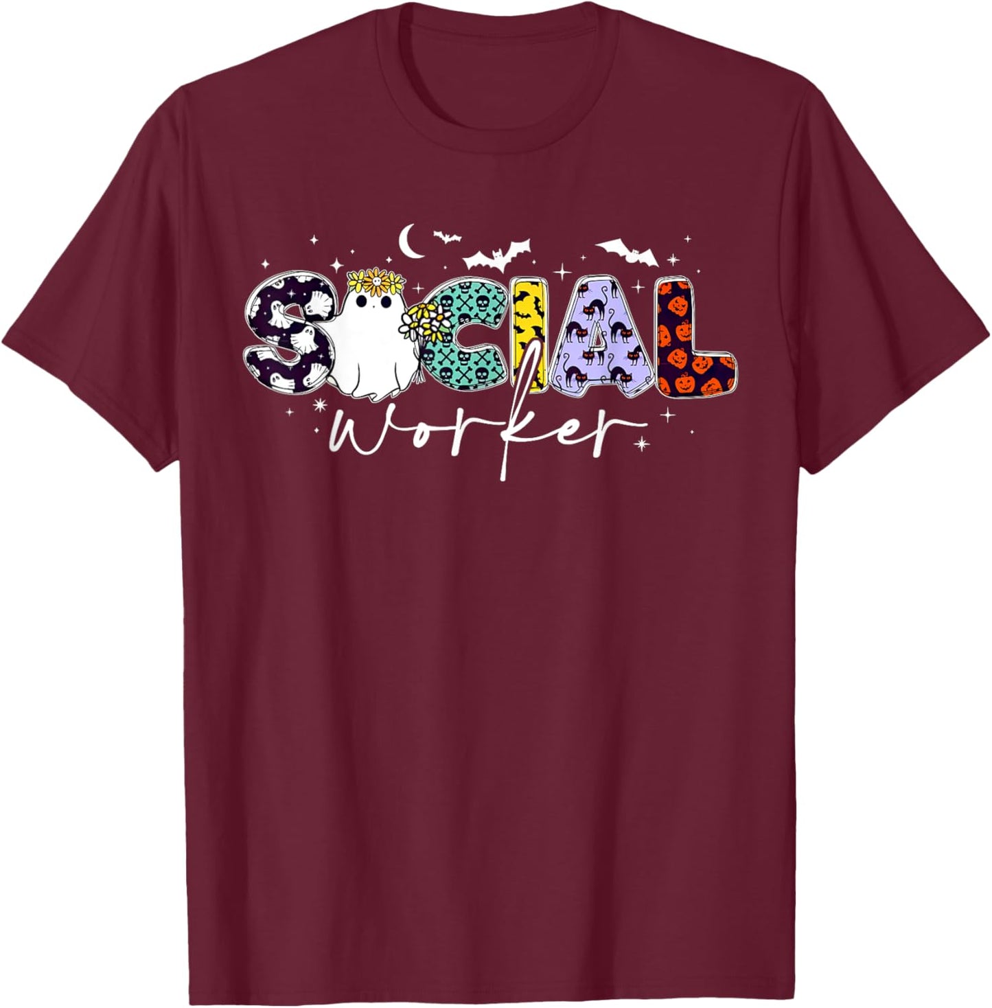 Retro Social Worker Ghost Halloween Funny School Social Work T-Shirt - T-Shirt | Maroon