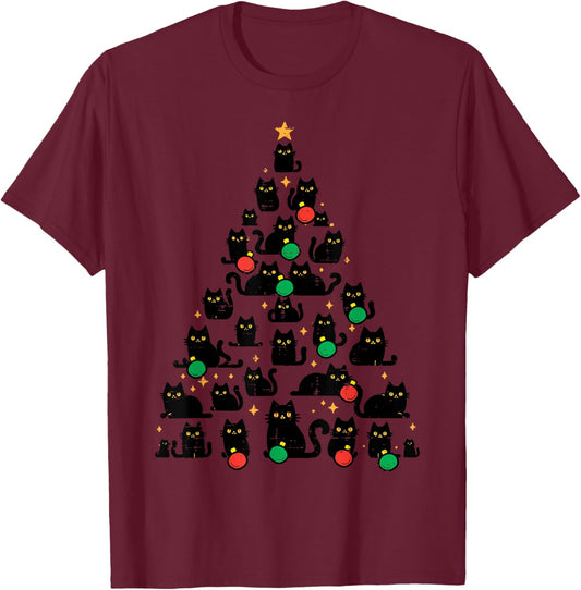 Black Cat Christmas Tree Funny Xmas Girls Boys Kids Women T-Shirt - T-Shirt | Maroon