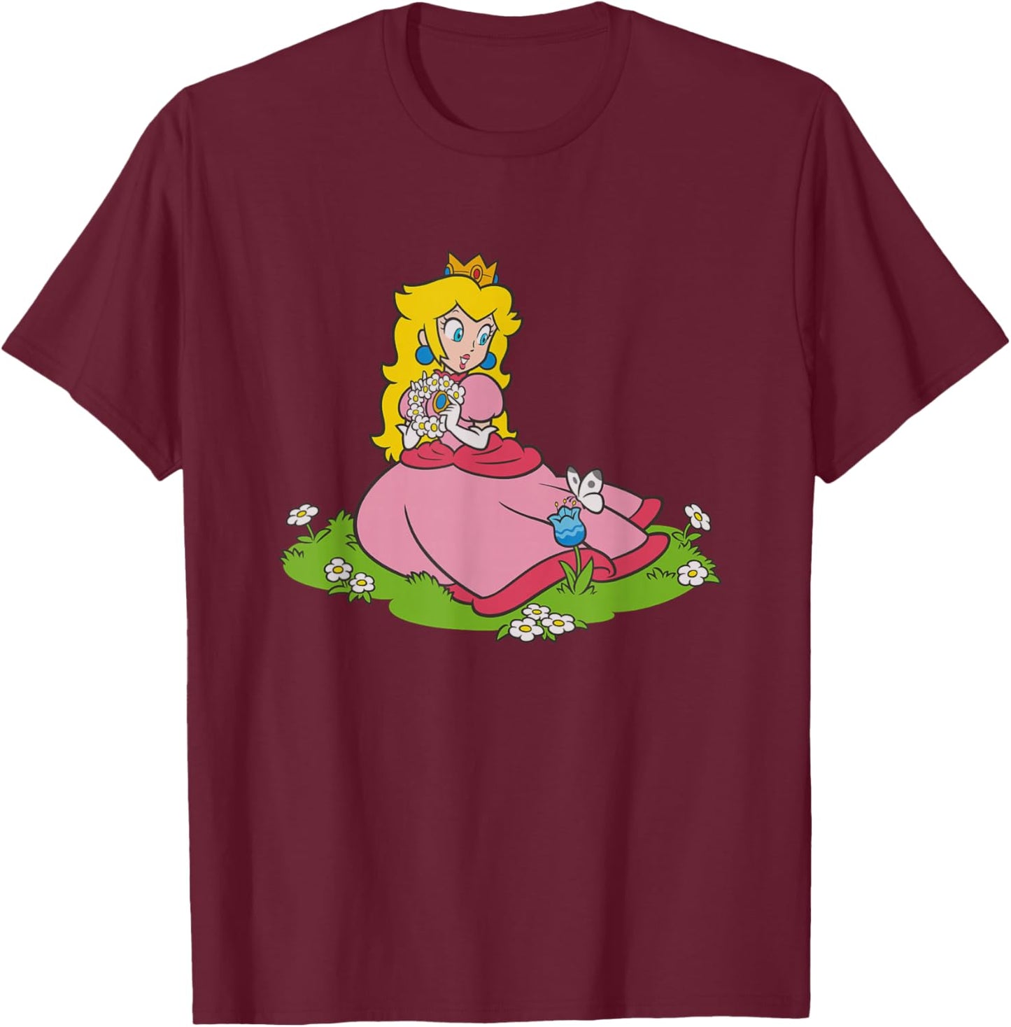 Super Mario Bros Princess Peach & Butterfly Portrait T-Shirt - T-Shirt | Maroon