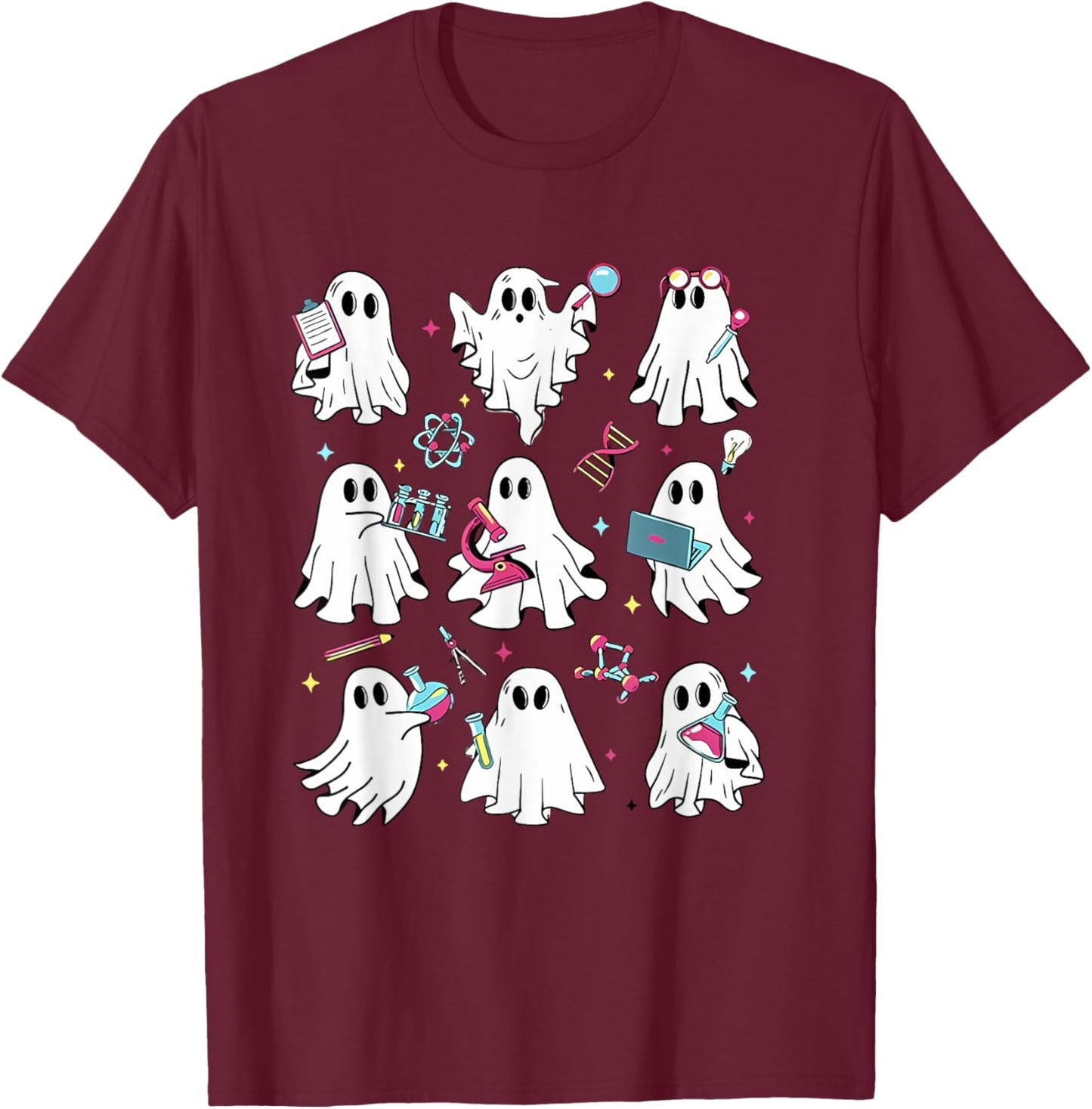 Retro Halloween Science Teacher Ghost Laboratory Teacher T-Shirt - T-Shirt | Maroon
