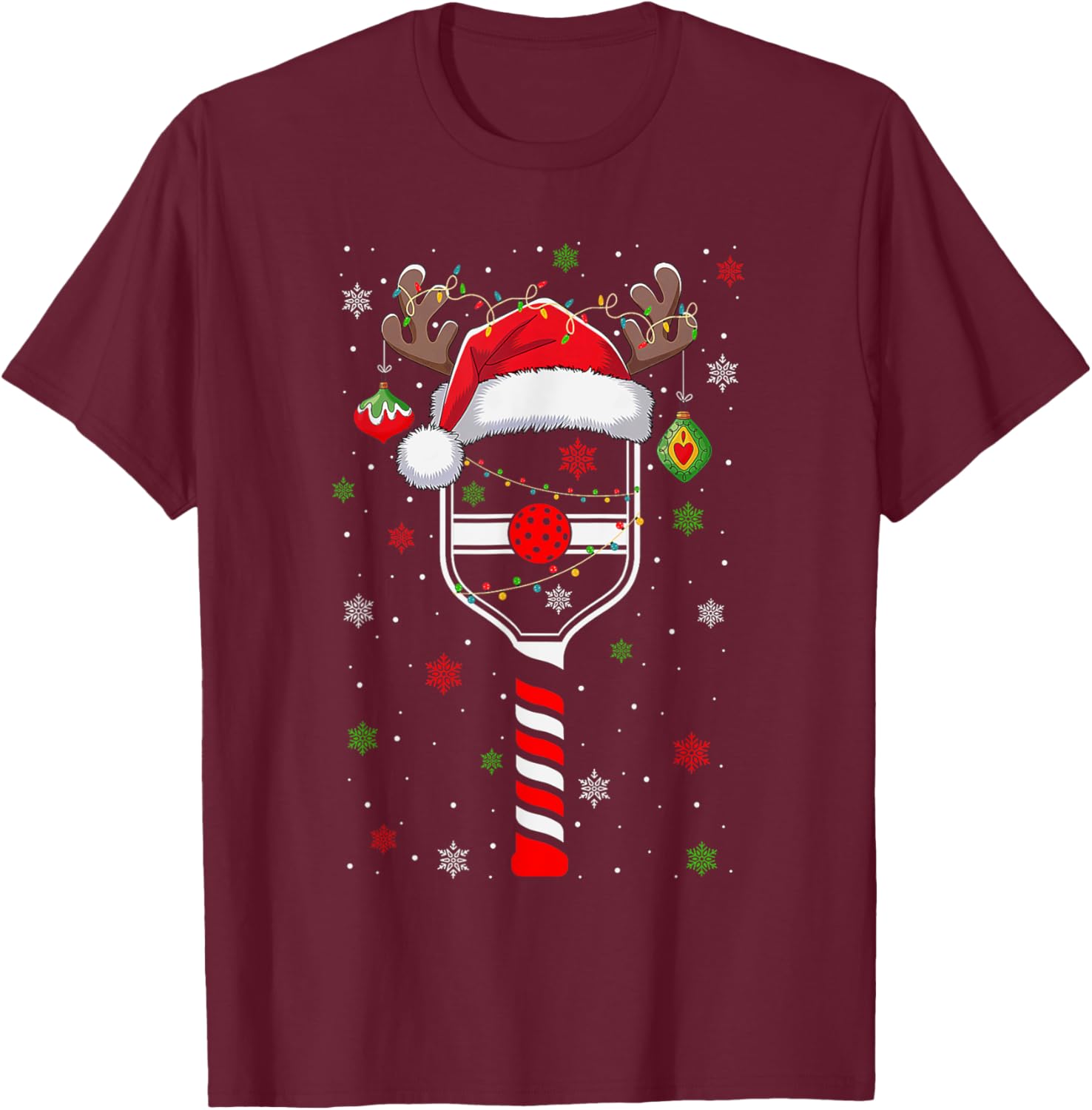 Funny Pickleball Player Christmas Holiday Reindeer Xmas T-Shirt - T-Shirt | Maroon