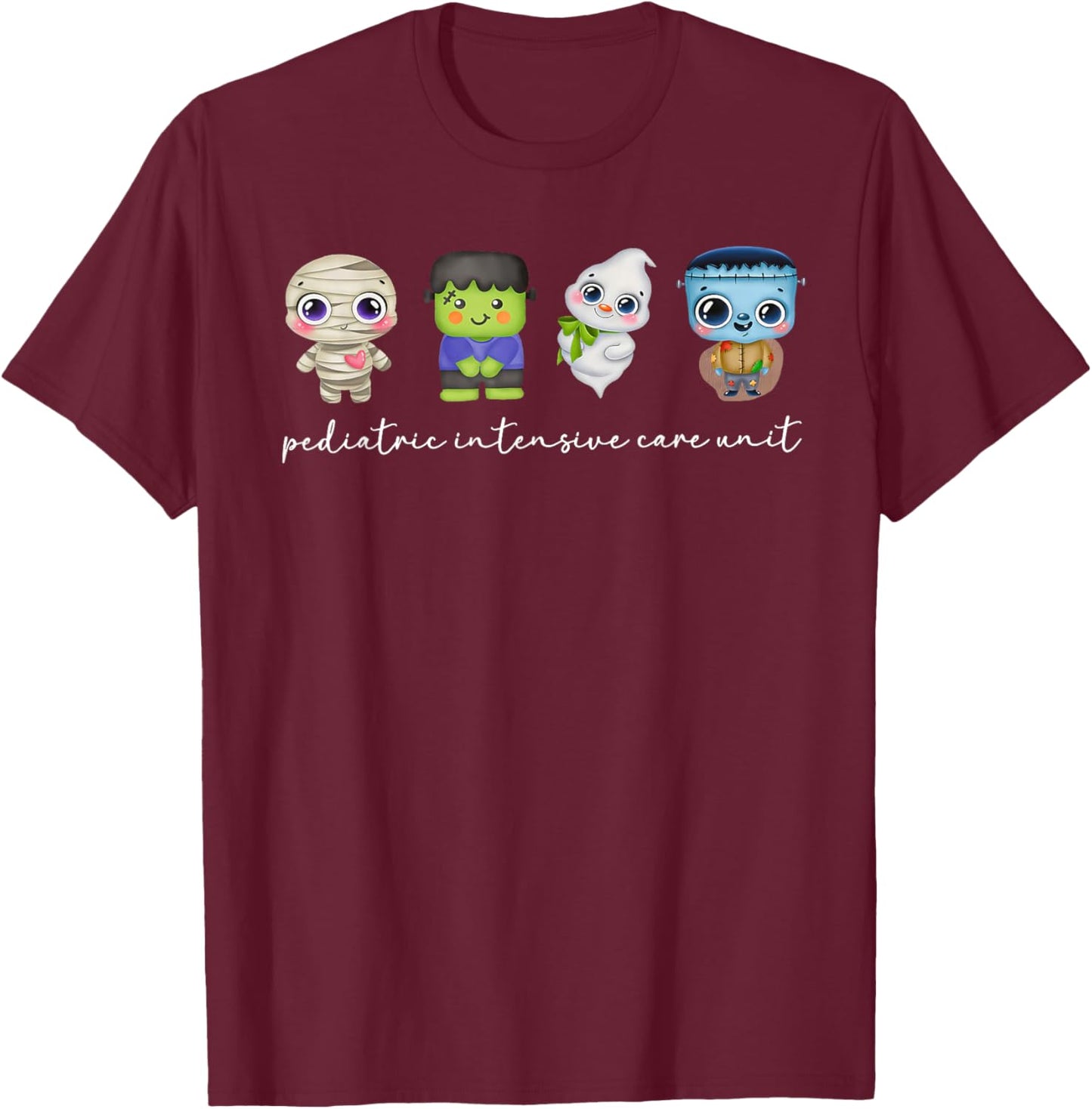 PICU Nurse Halloween Pediatric Intensive Care Unit Ghosts T-Shirt - T-Shirt | Maroon
