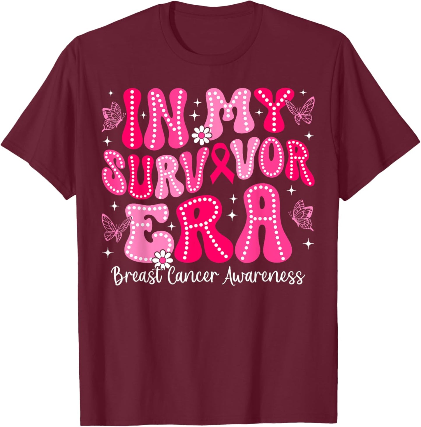 In My Survivor Era Retro Groovy Breast Cancer Awareness T-Shirt - T-Shirt | Maroon